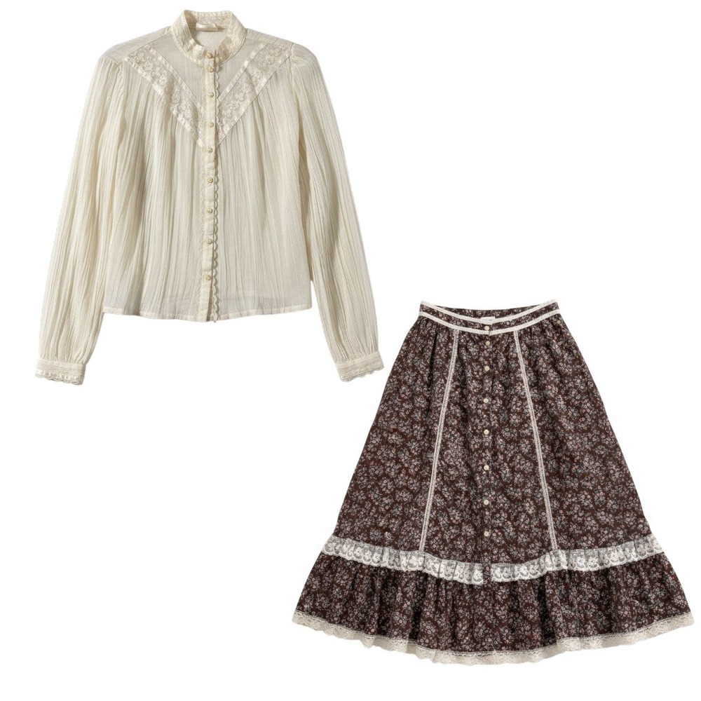 Vintage Jessica's Gunnies Skirt Set M Brown Ivory Floral Lace Prairie Cottage